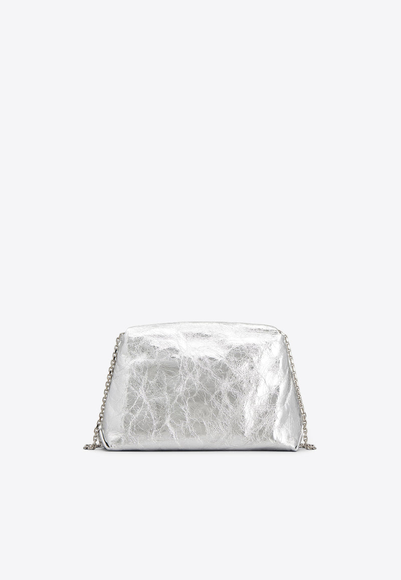 Roger Vivier Mini Drape Bouquet Crystal Buckle Clutch in Metallic Leather RBWANVC0100T0HB200 B200 Silver