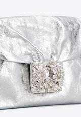Roger Vivier Mini Drape Bouquet Crystal Buckle Clutch in Metallic Leather RBWANVC0100T0HB200 B200 Silver