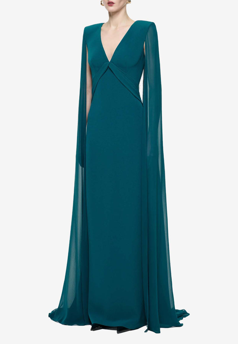 Roland Mouret Cape-Sleeved Crepe Gown Green RM-AW24-010G-DGGREEN