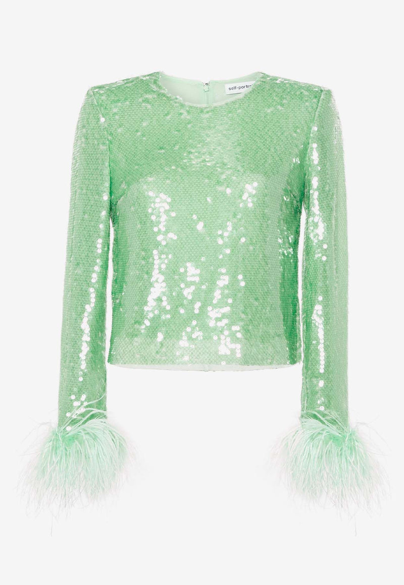 Self-Portrait Feather-Trimmed Sequin Top RS24-107T-MMINT