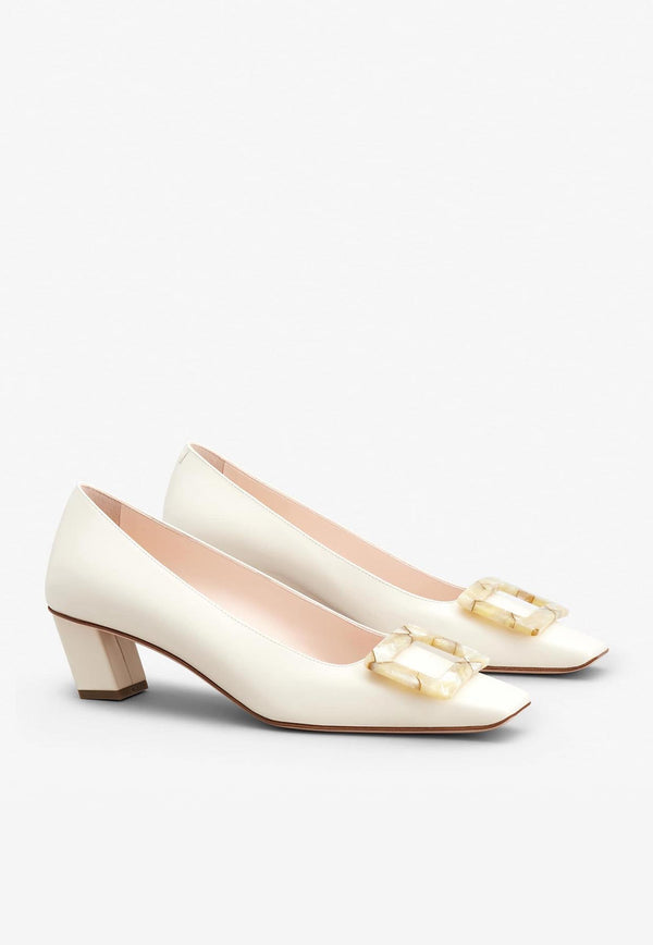 Roger Vivier Belle Vivier 45 Mother-of-Pearl Buckle Pumps in Leather RVW00627760BSSC019 C019 Off-white