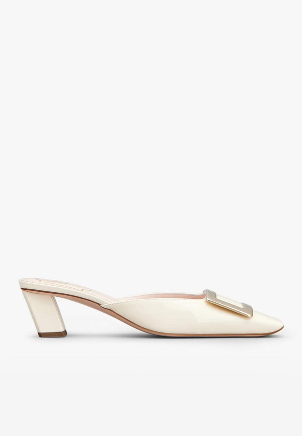 Roger Vivier Belle Vivier 45 Metal Buckle Mules in Patent Leather RVW00629000D1PC019 C019 Off-white
