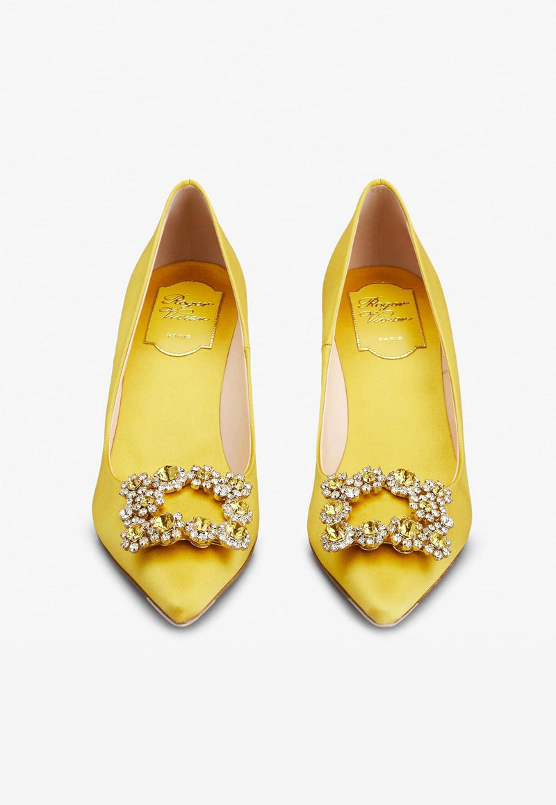 Roger Vivier 65 Flower Strass Buckle Pumps in Satin RVW41417620RS0G211 G211 Yellow