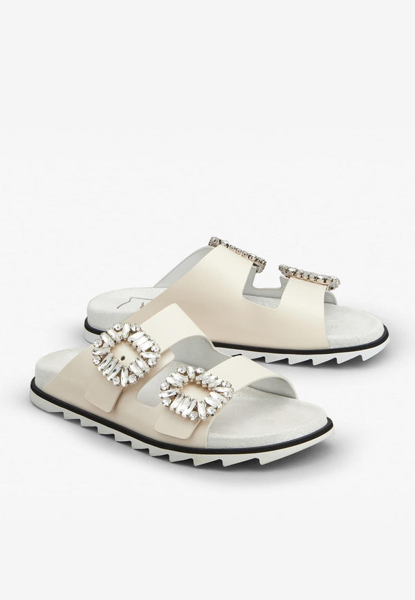 Roger Vivier Slidy Viv' Crystal Buckle Leather Mules RVW45818820BSSC019 C019 Off-white