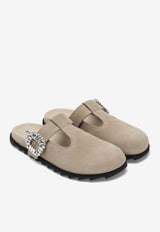 Roger Vivier Slidy Viv' Crystal-Embellished Suede Mules Beige RVW62542100J9E/S_ROGVI-C603