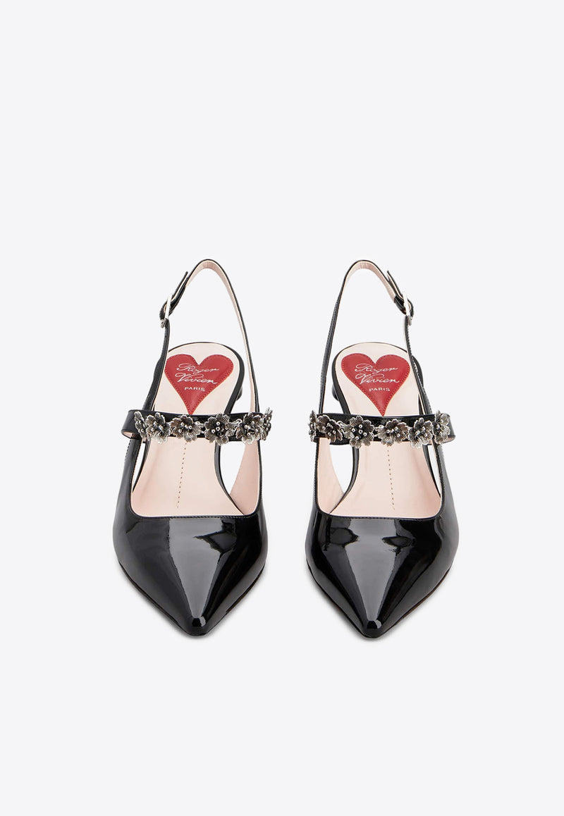 Roger Vivier Virgule 55 Flower Slingback Pumps in Patent Leather RVW63837980D1PB999 B999 Black