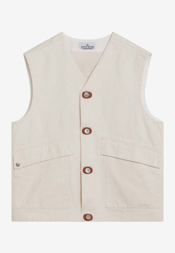 Stone Island Buttoned V-neck Vest White S15G100012S00T1/R_STONE-V0093