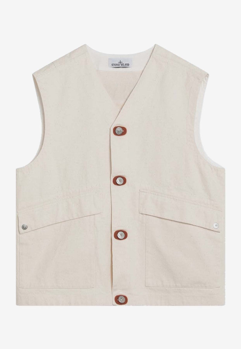Stone Island Buttoned V-neck Vest White S15G100012S00T1/R_STONE-V0093