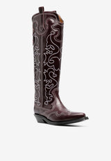 GANNI Embroidered Leather Western Knee-High Boots Bordeaux S2061436_55242