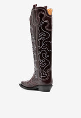 GANNI Embroidered Leather Western Knee-High Boots Bordeaux S2061436_55242