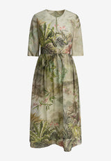 Elie Saab Safari Print Linen and Silk Midi Dress Green D0637PS25LI003OASIS_81084