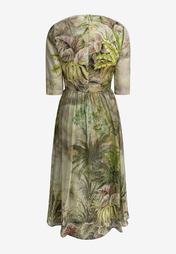 Elie Saab Safari Print Linen and Silk Midi Dress Green D0637PS25LI003OASIS_81084