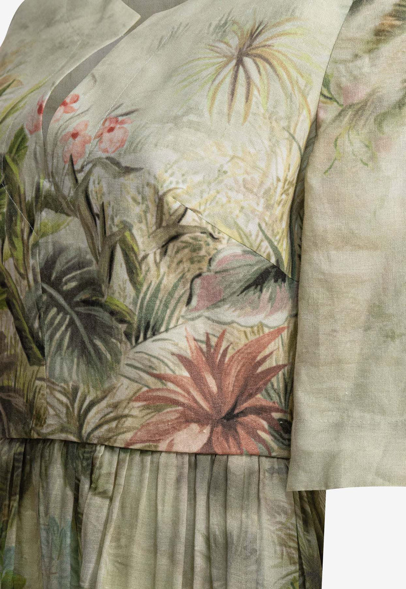 Elie Saab Safari Print Linen and Silk Midi Dress Green D0637PS25LI003OASIS_81084