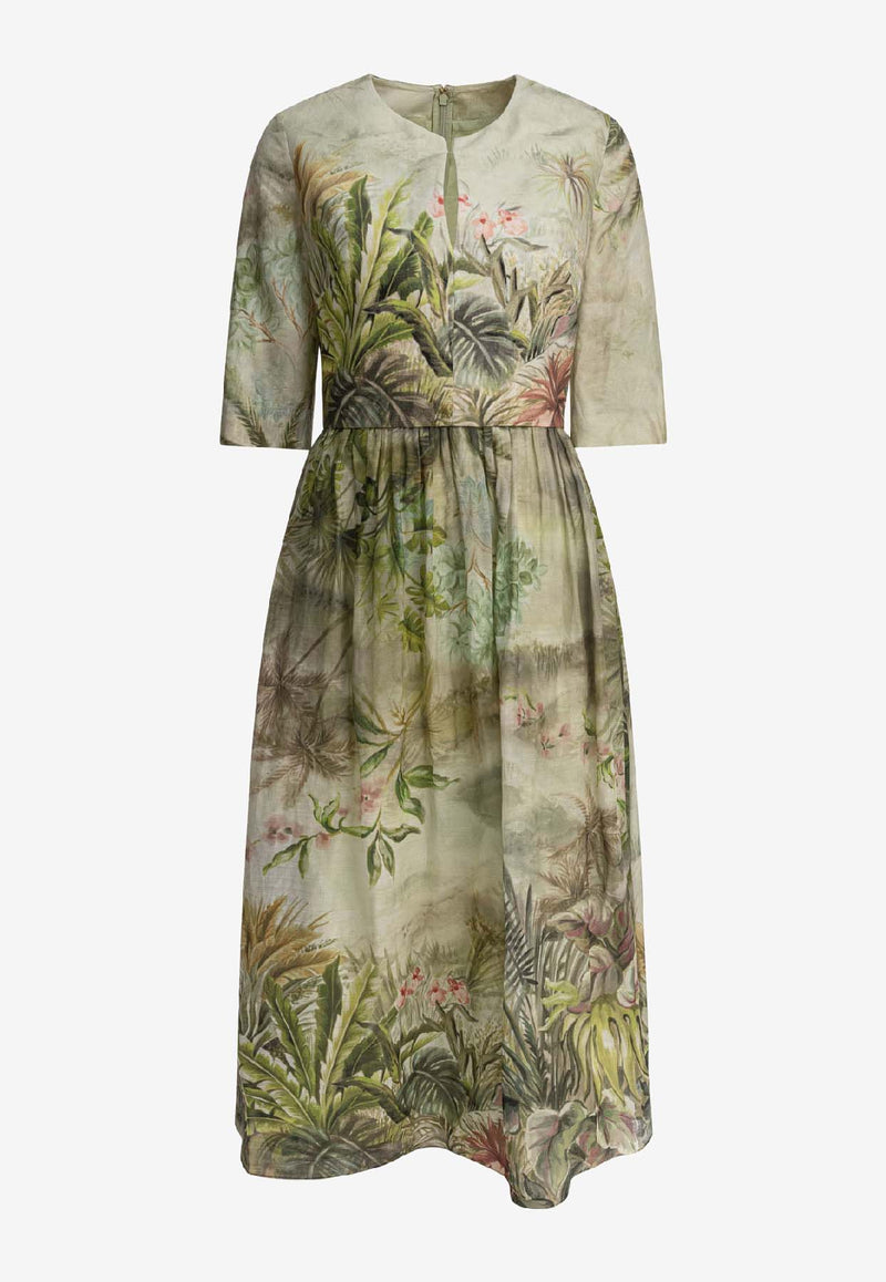 Elie Saab Safari Print Linen and Silk Midi Dress Green D0637PS25LI003OASIS_81084