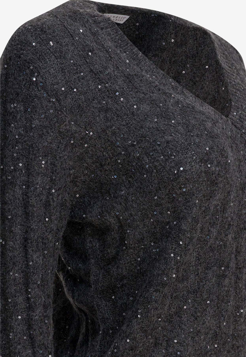 Brunello Cucinelli V-neck Sequined Sweater Gray MPG731302C3595_f16facab-403c-4d86-923e-afda1b87da34