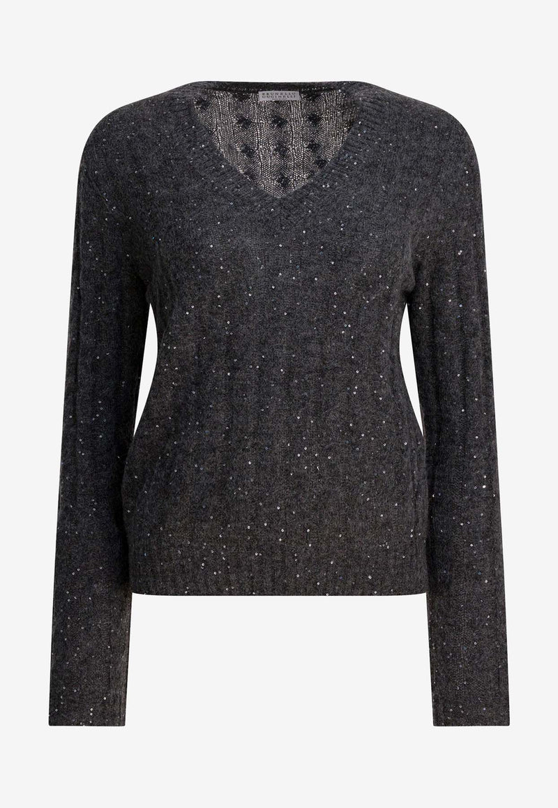 Brunello Cucinelli V-neck Sequined Sweater Gray MPG731302C3595_f16facab-403c-4d86-923e-afda1b87da34