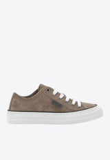 Brunello Cucinelli Shiny Tab Low-Top Suede Sneakers Beige MZSFG3221C8849_0b847d63-6535-482c-beec-c7ba84dff217