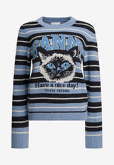 GANNI Cat Print Striped Wool Sweater Blue A1070266326_b329f725-7534-4788-8531-314d7a40660b