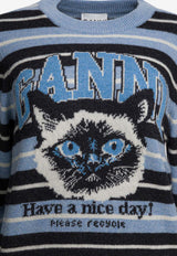 GANNI Cat Print Striped Wool Sweater Blue A1070266326_b329f725-7534-4788-8531-314d7a40660b