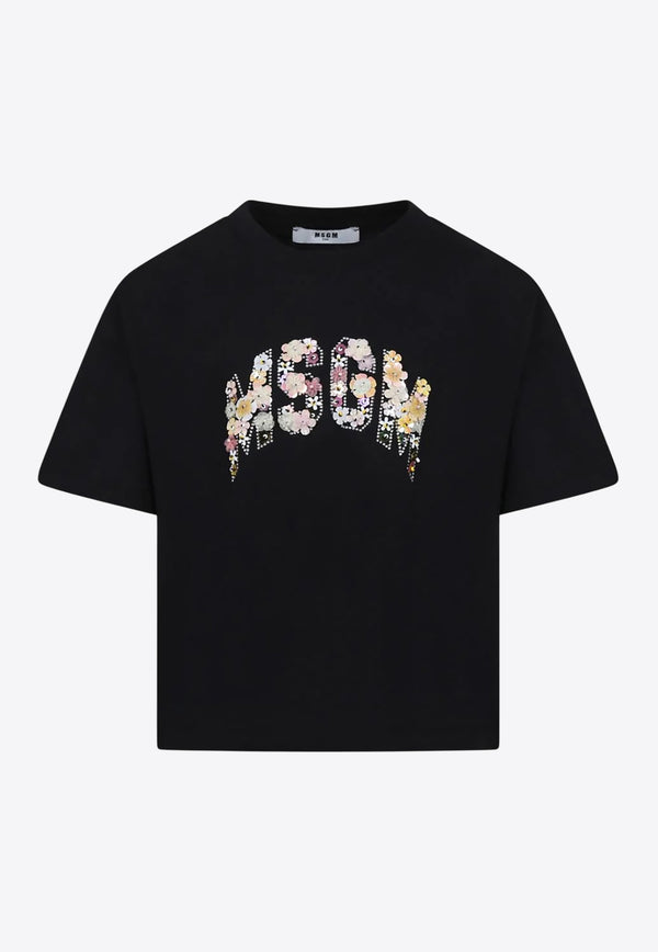 MSGM Kids Girls Floral Logo Beaded T-shirt Black S5MSJGTH105_BLACK
