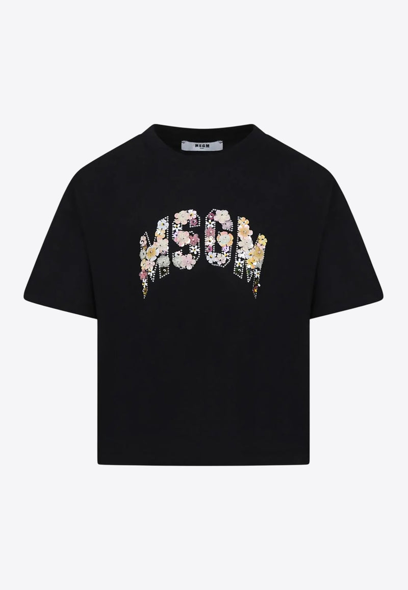 MSGM Kids Girls Floral Logo Beaded T-shirt Black S5MSJGTH105_BLACK