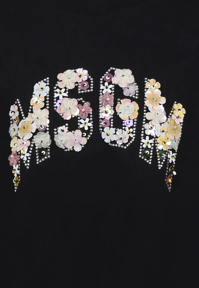MSGM Kids Girls Floral Logo Beaded T-shirt Black S5MSJGTH105_BLACK