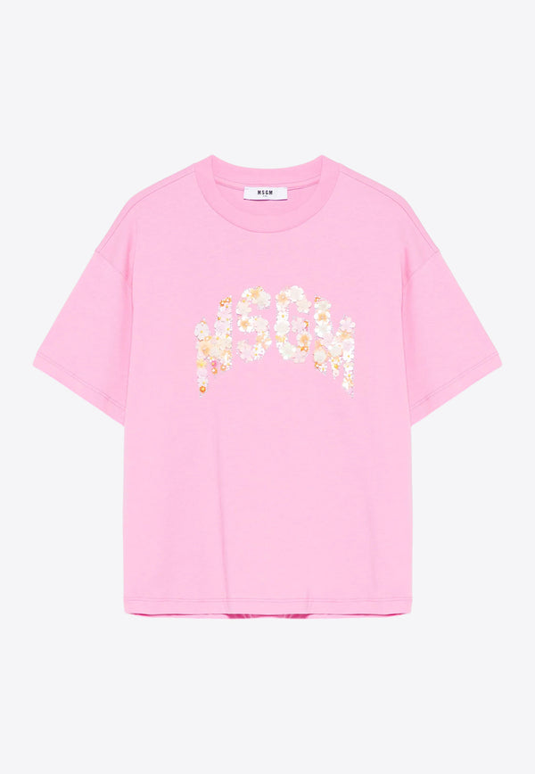 MSGM Kids Girls Floral Logo Beaded T-shirt Pink S5MSJGTH105_PINK