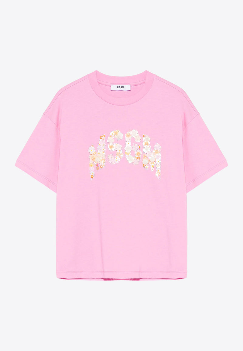 MSGM Kids Girls Floral Logo Beaded T-shirt Pink S5MSJGTH105_PINK