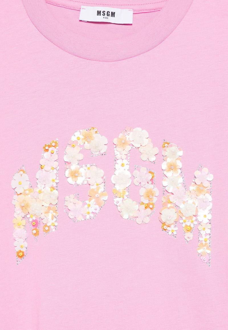 MSGM Kids Girls Floral Logo Beaded T-shirt Pink S5MSJGTH105_PINK