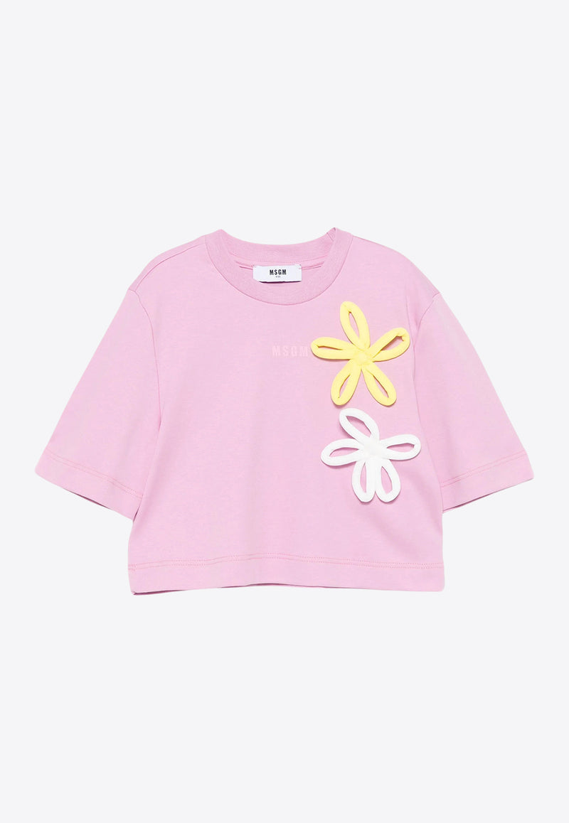 MSGM Kids Girls Flower Appliqué Logo T-shirt Pink S5MSJGTH118_PINK