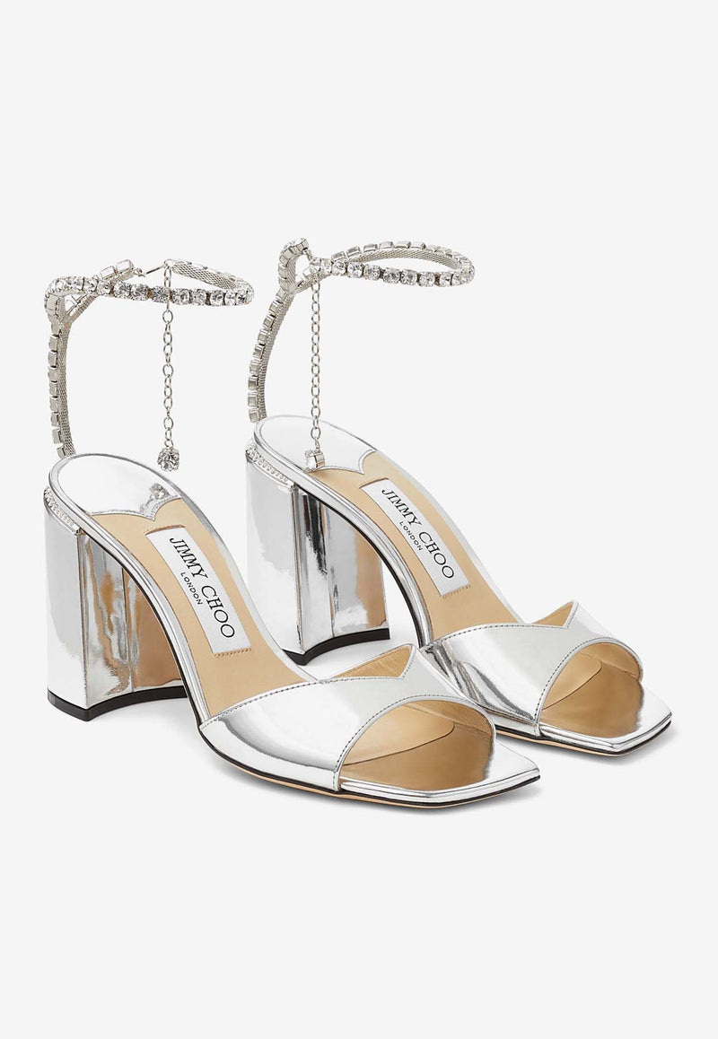 Jimmy Choo Saeda 85 Block Heel Sandals in Metallic Leather SAEDA S/BH 85 BAQ SILVER/CRYSTAL