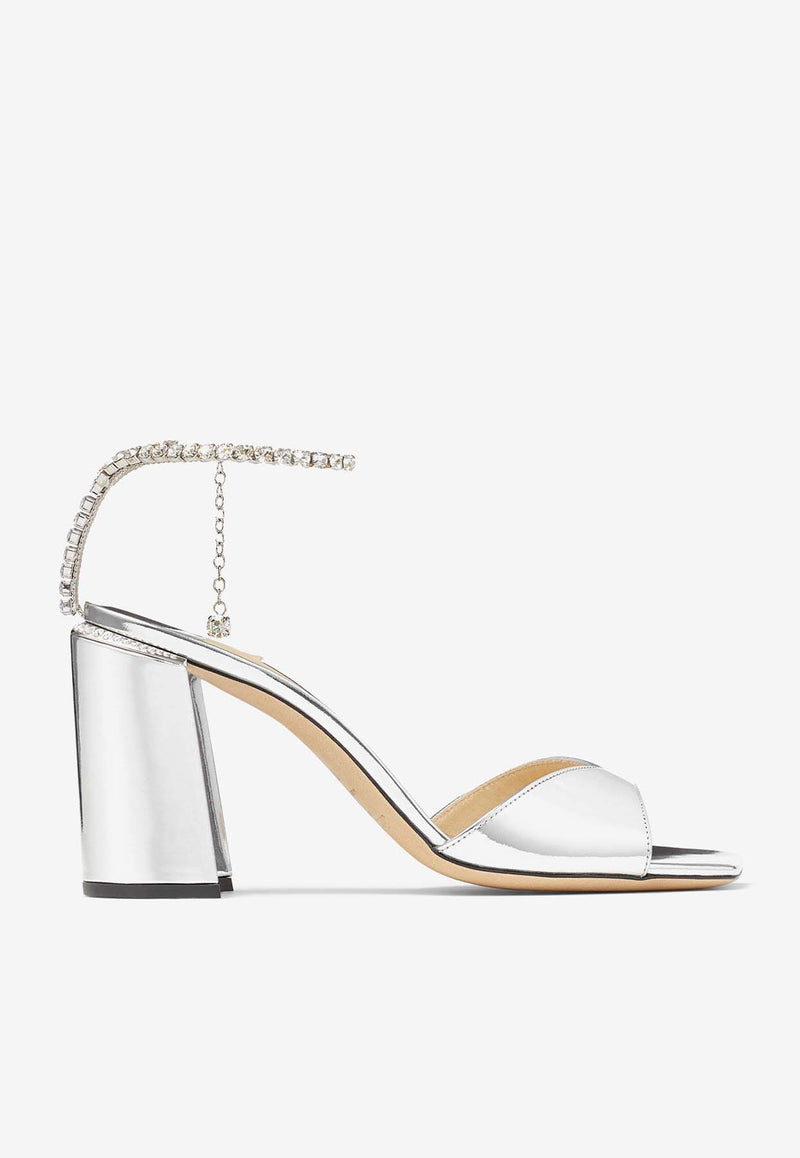 Jimmy Choo Saeda 85 Block Heel Sandals in Metallic Leather SAEDA S/BH 85 BAQ SILVER/CRYSTAL