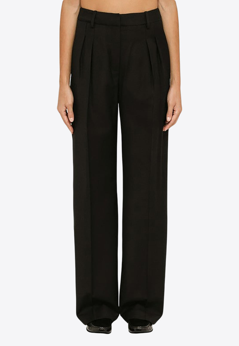 Wide Leg Pleated Wool Pants, black