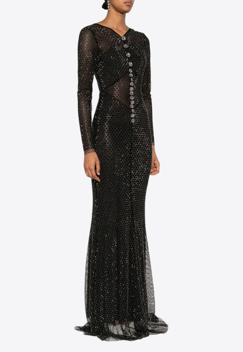 Self-Portrait Crystal Mesh Crossover Maxi Dress Black SC24-002X-BBLACK