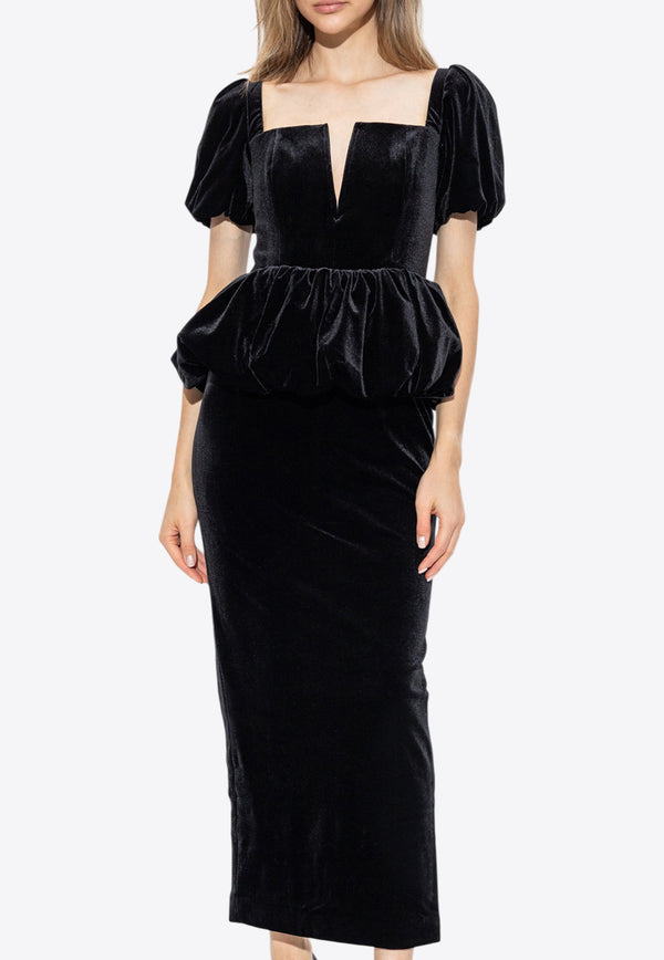 Self-Portrait V-neck Velvet Peplum Midi Dress Black SC24-010M-BBLACK