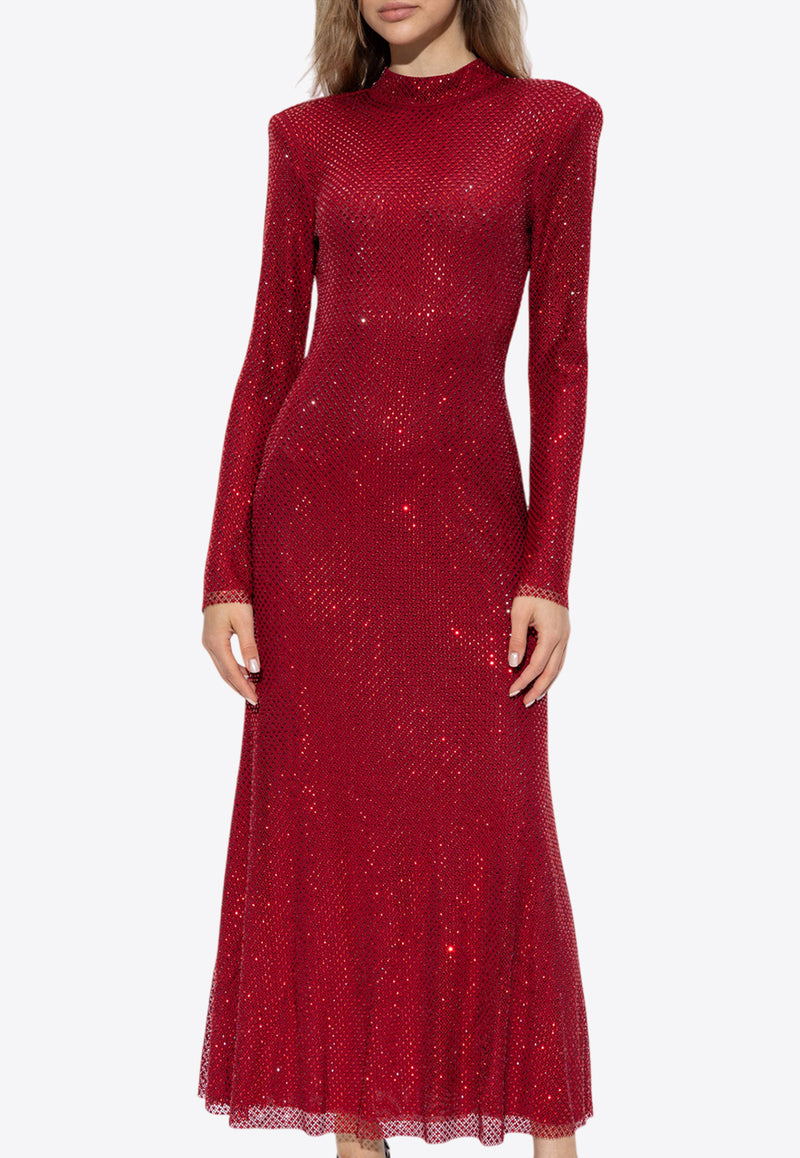 Self-Portrait Crystal Mesh Sleeved Maxi Dress Red SC24-013M-RRED