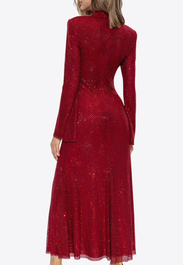 Self-Portrait Crystal Mesh Sleeved Maxi Dress Red SC24-013M-RRED