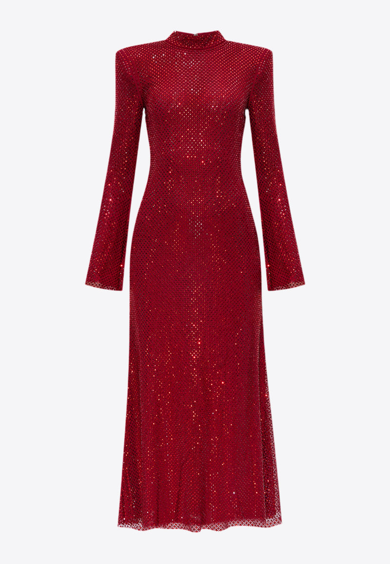 Self-Portrait Crystal Mesh Sleeved Maxi Dress Red SC24-013M-RRED