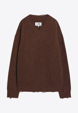 MM6 Maison Margiela V-neck Distressed Wool-Blend Sweater Brown SH0HN0003M13138_MM6-142M