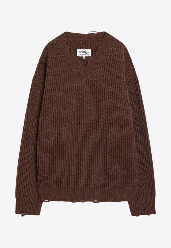 MM6 Maison Margiela V-neck Distressed Wool-Blend Sweater Brown SH0HN0003M13138_MM6-142M