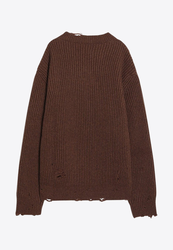 MM6 Maison Margiela V-neck Distressed Wool-Blend Sweater Brown SH0HN0003M13138_MM6-142M