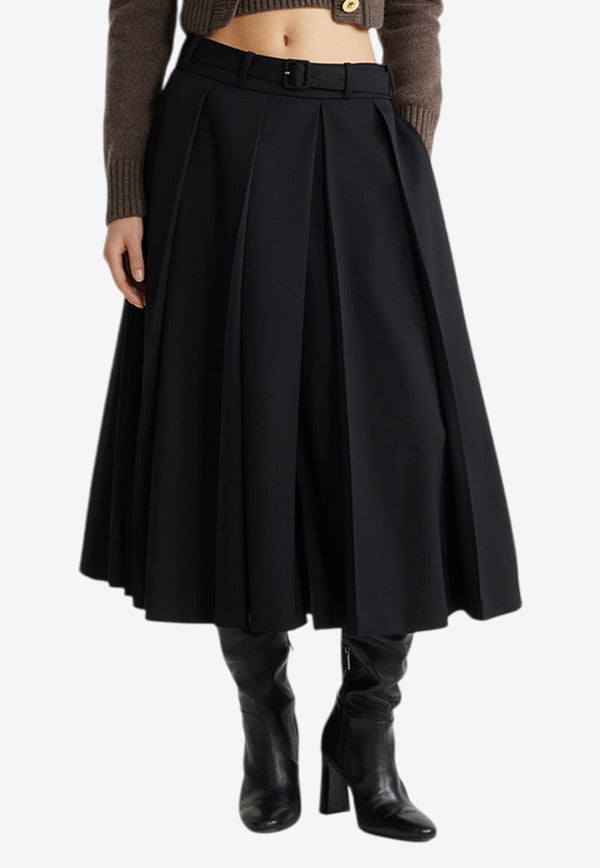 Patou Pleated Wool Twill Midi Skirt Black SK070-0103BLACK