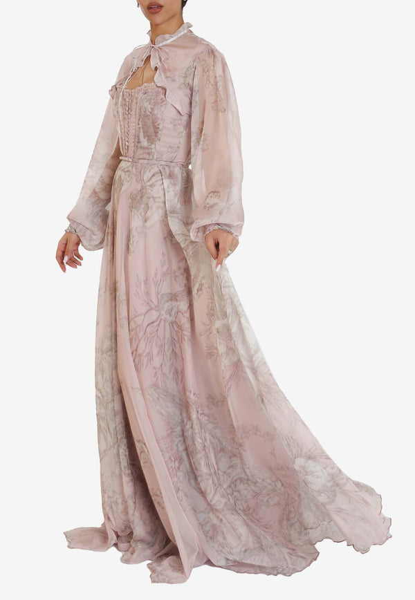 Zeena Zaki Floral Print Chiffon Gown SS24-05-PPNKPINK