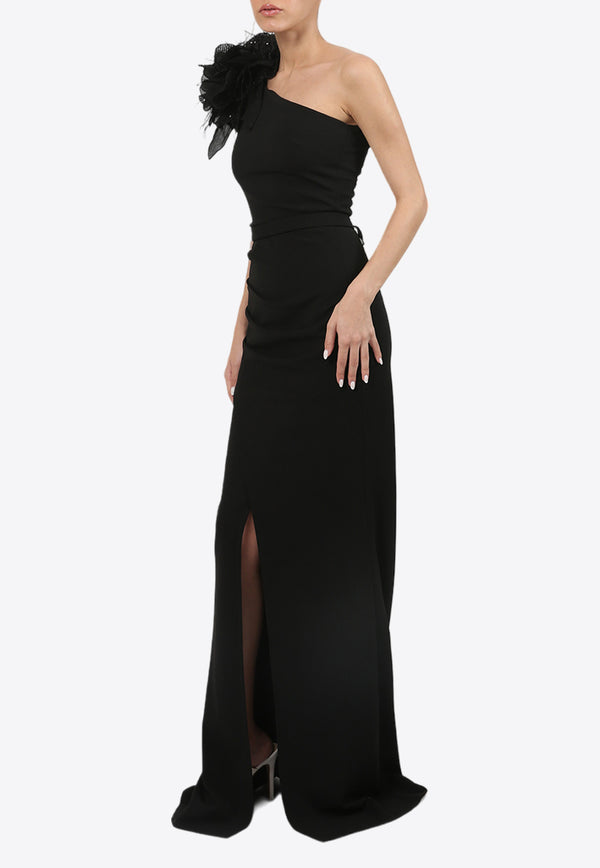 Zeena Zaki Flower Applique One-Shoulder Gown Black SS24-07-BLKBLACK