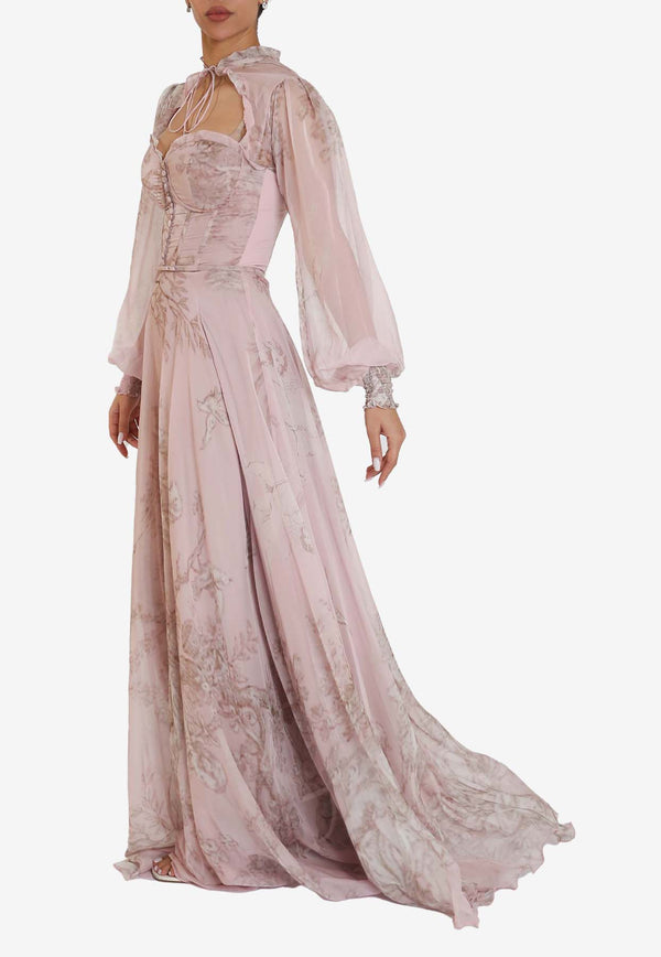 Zeena Zaki Floral Print Chiffon Gown SS24-09-PNKPINK