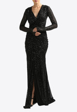 Zeena Zaki Gathered V-neck Sequined Gown Black SS24-15-BLKBLACK