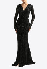 Zeena Zaki Gathered V-neck Sequined Gown Black SS24-15-BLKBLACK