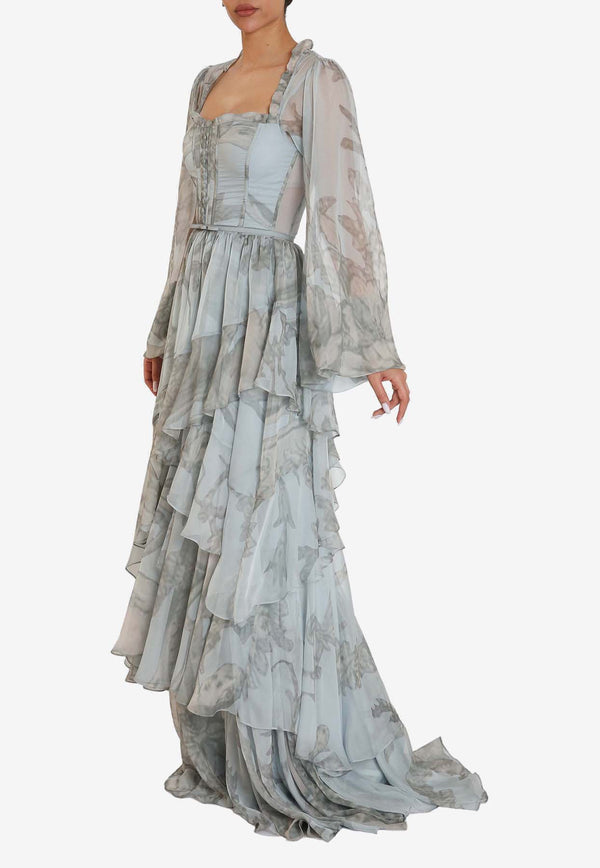 Zeena Zaki Printed Chiffon Gown SS24-26-FGYGREY