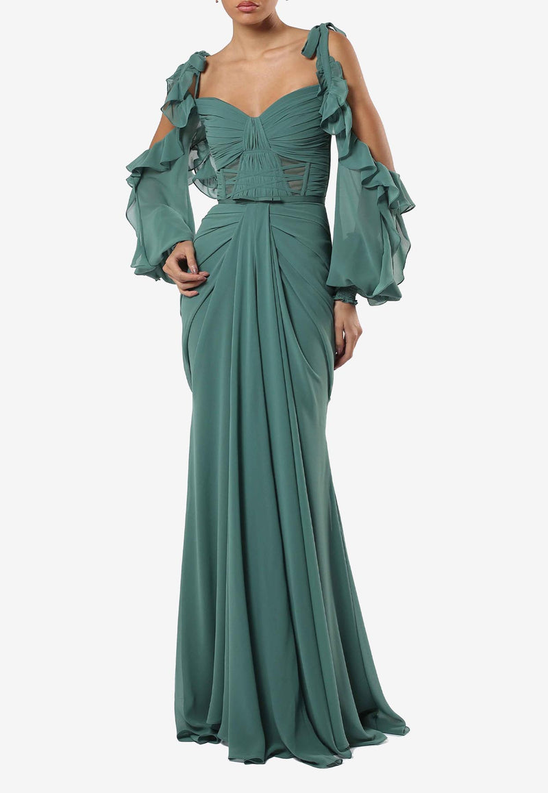 Zeena Zaki Draped Chiffon Maxi Dress SS25-03-GN Green