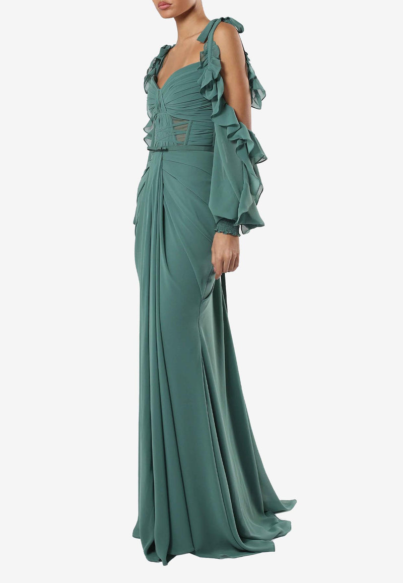 Zeena Zaki Draped Chiffon Maxi Dress SS25-03-GN Green